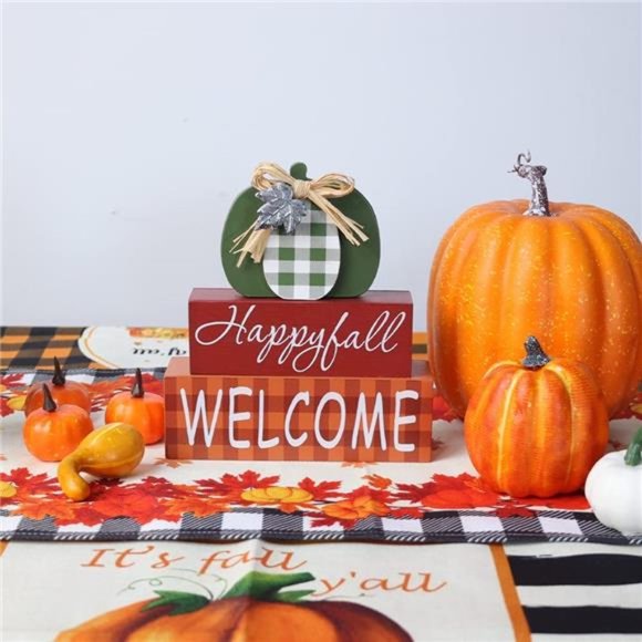 Fall Decorations for Home, Large Size 3-layered Wood Block with Pumpkin Element - Picture 4 of 7